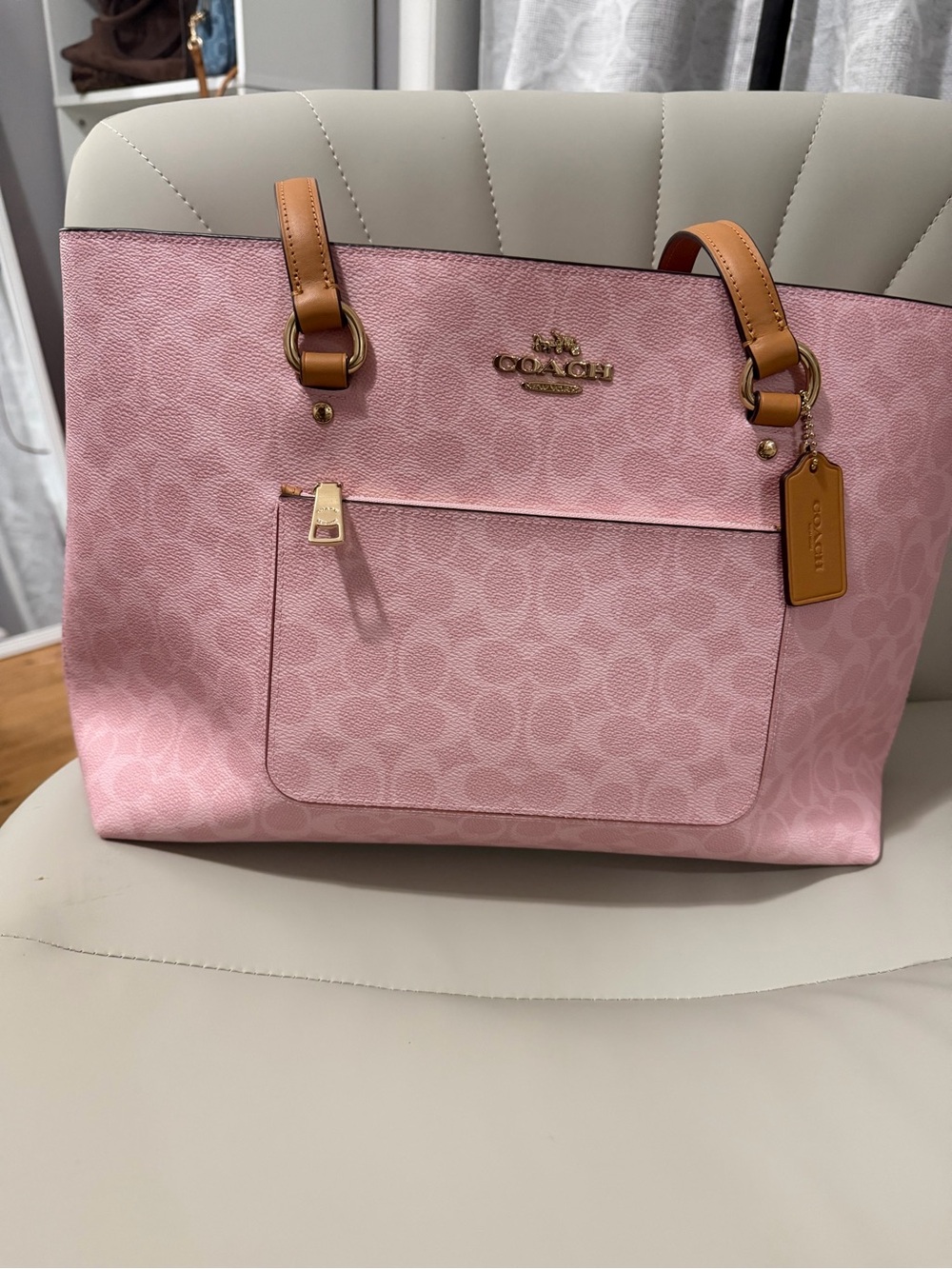COACH Pink Signature Tote with Tan Leather Trim